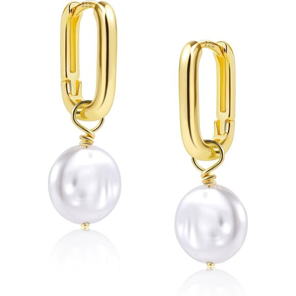 14K Gold Pleated Pearl Huggie Hoop Earrings Pearl Hypoallergenic Earrings - Picture 1 of 7